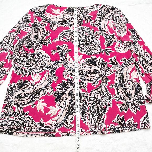 JONES STUDIO Pink & Black Paisley Keyhole Top 3/4 Ruffle Sleeves Blouse Petite - Picture 6 of 8